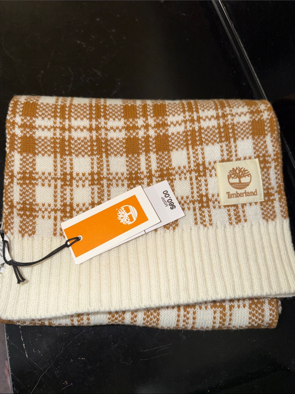 Timberland Cream & Brown Plaid Knit Scarf